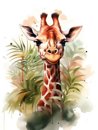 Giraffe in the jungle. Watercolor illustration on white backgroundの素材