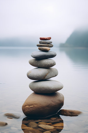 Pyramid of pebbles on the lake. Zen concept.の素材