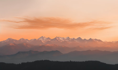 Sunset in the mountains. Beautiful landscape with snow-capped mountains.の素材
