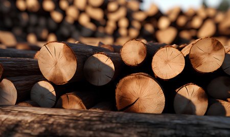 Woodpile of sawn tree trunks in a forest.の素材
