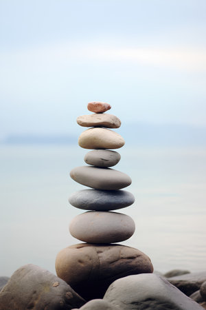 Stack of zen stones on the sea background. Zen concept.の素材