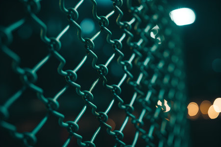 chain link fence in the city with bokeh lights background.の素材