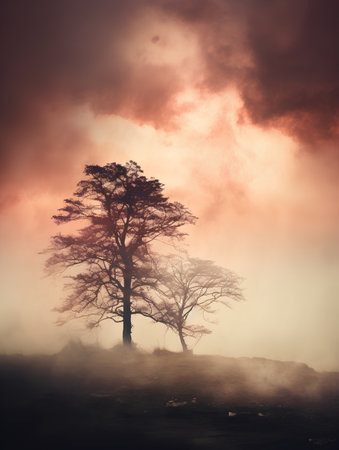 Lonely tree in misty forest. Dramatic sky.の素材