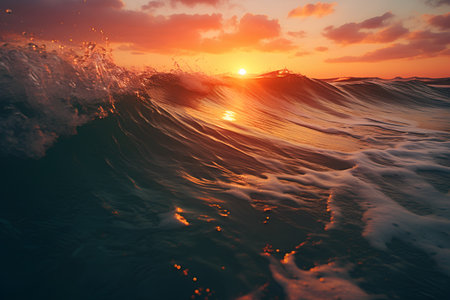 Beautiful sunset in the sea with waves and sun. 3d renderingの素材