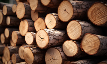 Wooden logs stacked in a pile close up. Natural background.の素材