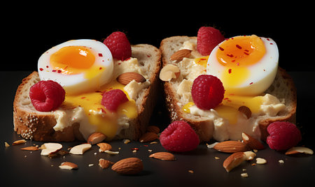 Sandwiches with soft boiled egg and raspberries on black backgroundの素材