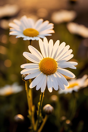 Beautiful chamomile flowers on a meadow at sunsetの素材