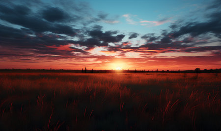 Beautiful sunset over a field of grass. 3D render.の素材