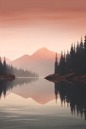 Mountain lake with coniferous forest on a background of sunset.の素材