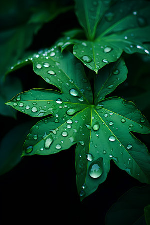 Water drops on the leaves of tropical plants. Selective focus.の素材