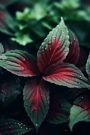Close-up of fresh red basil leaves with dew drops.の素材