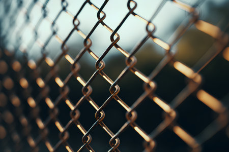 Metal chain link fence closeup. Selective focus. Toned.の素材