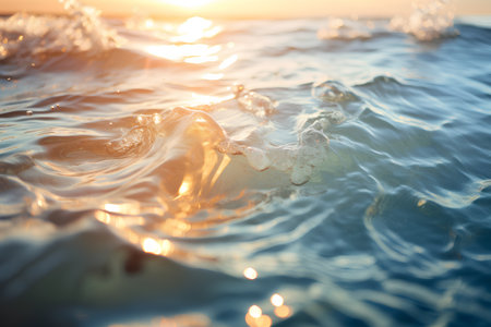 Splashes of water on the surface of the sea at sunset.の素材