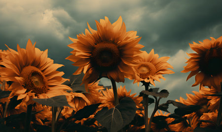 Beautiful sunflower field in vintage style. Selective focus.の素材