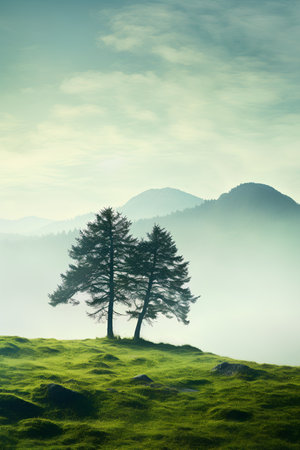 Foggy landscape with pine trees and mountains in the background.の素材