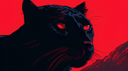 Vector illustration of a black panther head on a red background.の素材