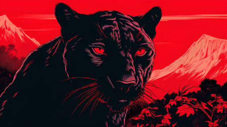 Vector illustration of a panther on a red background with mountains.の素材