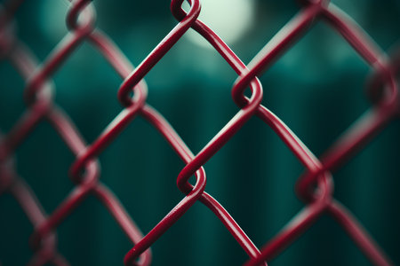 Red chain link fence on green background. 3d render illustration.の素材