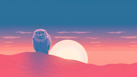 Owl on the hill at sunset. Vector illustration in retro style.の素材
