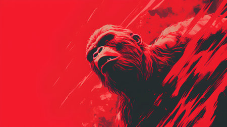 Gorilla in the rain. Illustration in red tones.の素材