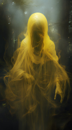 Mysterious man in the forest with yellow fog. Halloween conceptの素材