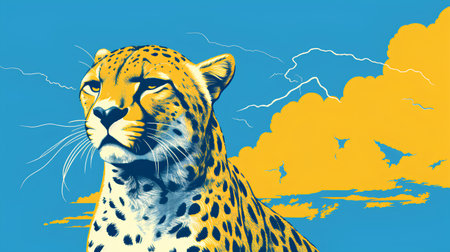 Cheetah on a background of blue sky and clouds. Vector illustrationの素材