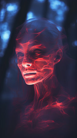 Digital illustration of a female face in red and blue lights. 3D renderingの素材