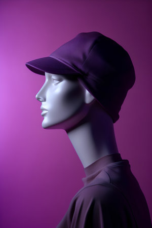 Mannequin wearing cap and shirt on purple background. Studio shot.の素材