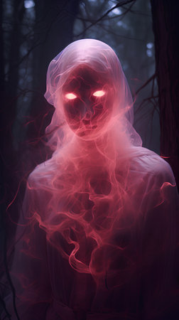 Mysterious woman in the dark forest with red smoke. Halloween conceptの素材