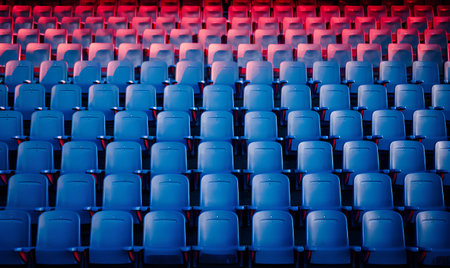 Empty seats in the auditorium of the theater. Blue and red colorの素材