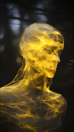Human head with glowing yellow hair on black background. 3D renderingの素材