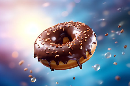 3d render of glazed donut with chocolate glaze on blue backgroundの素材