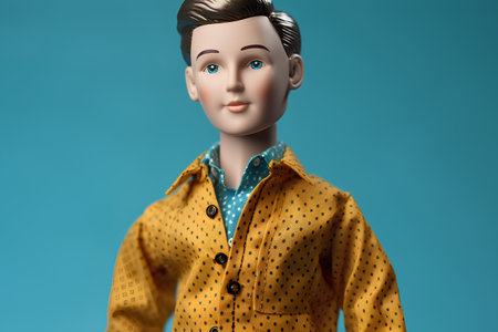 Cute cartoon mannequin in yellow raincoat on blue backgroundの素材