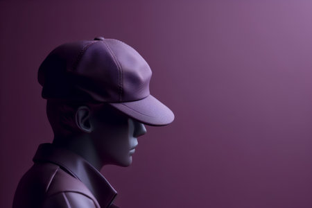 Mannequin wearing baseball cap and leather jacket on purple background.の素材