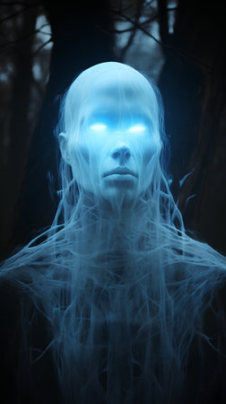 3D rendering of a ghost in a dark forest with blue lightsの素材