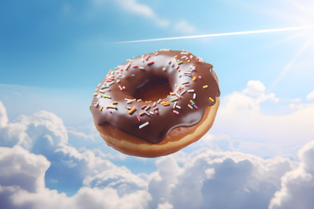 Donut flying in the blue sky. 3d render illustration.の素材