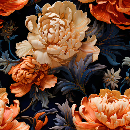 Seamless floral pattern with golden peony flowers on black background.の素材