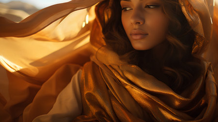 beautiful young woman in golden cloth on sunset background, closeupの素材