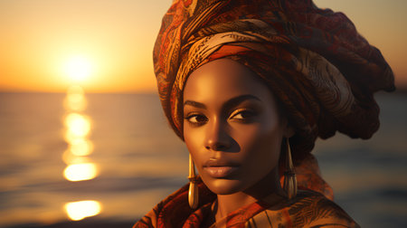 Beautiful african american woman in headscarf at sunsetの素材