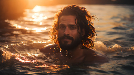 Handsome young man with long wet hair swimming in a pool at sunsetの素材