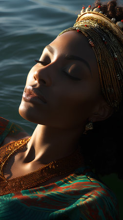 Beautiful african american woman in traditional clothing on the waterの素材