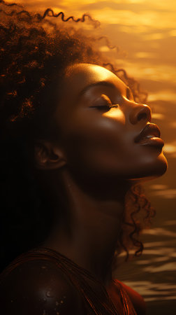 Beautiful African American woman with afro hairstyle on sunset backgroundの素材