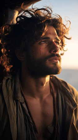 Portrait of a handsome young man with long curly hair looking away while standing outdoors at sunsetの素材