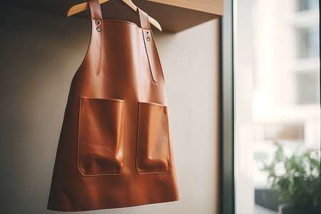 Brown leather bag hanging on wooden hanger in modern shop window.の素材