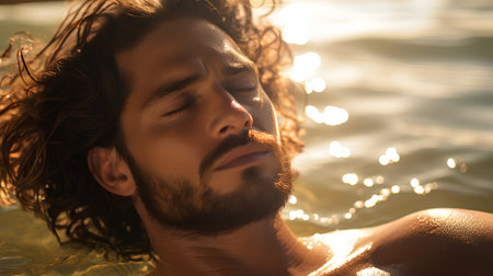 Portrait of a handsome young man with long curly hair on the beachの素材