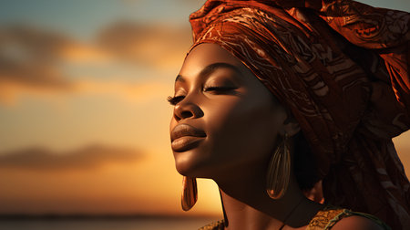 Beautiful African American woman with headscarf on sunset background.の素材