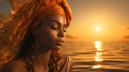 Beautiful african american woman in headscarf on sunset backgroundの素材