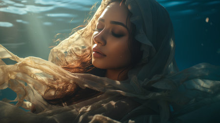 Beautiful young woman in a white veil in the sea under the water.の素材