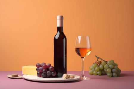 Bottle of red wine, cheese and grapes on a colored backgroundの素材