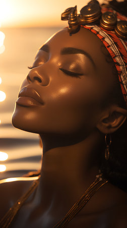 Close-up portrait of a beautiful African American woman with closed eyes.の素材